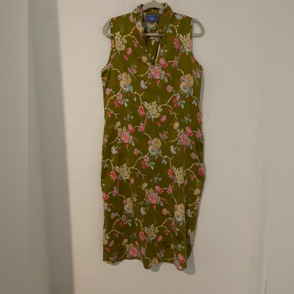 Pine Cone Hill Olive Green Floral Midi Dress.